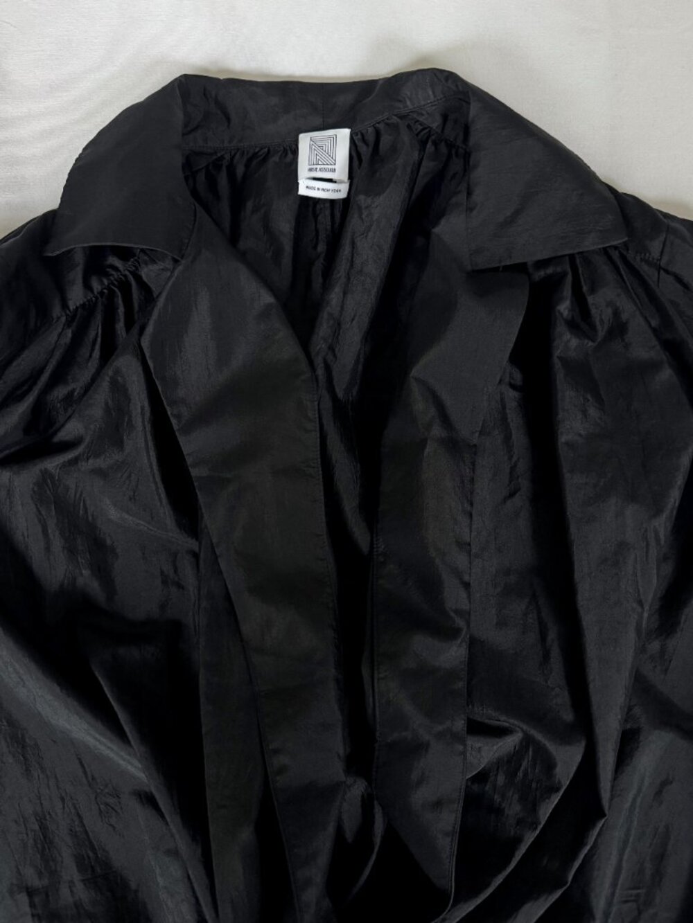 RARE Rosie Assoulin Taffeta Collared Wrap Top | Size S | Black | Drawstring Hem - Picture 5 of 8